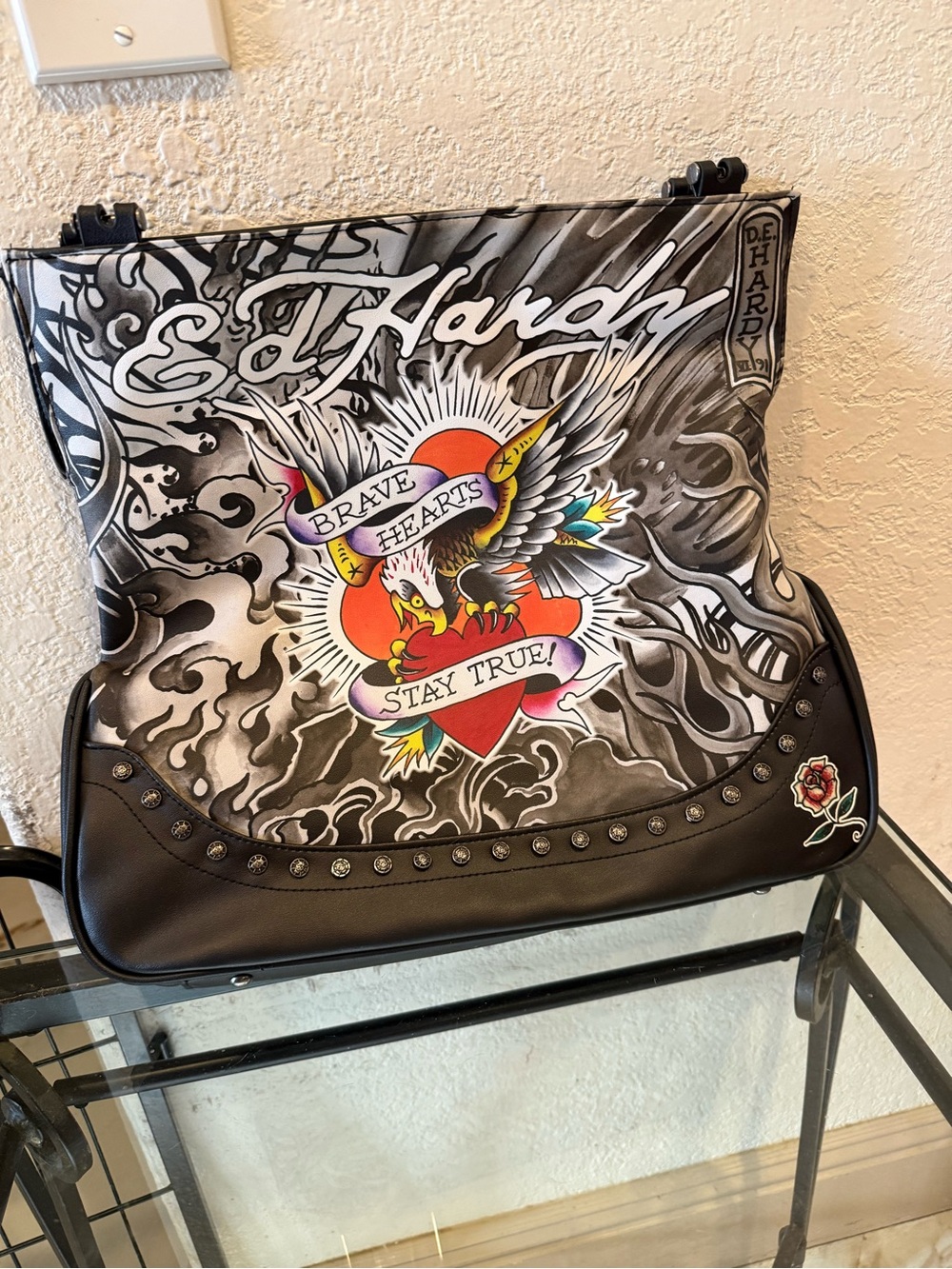 Ed Hardy Black & White Graphic Heart Shoulder Bag with Red Accent